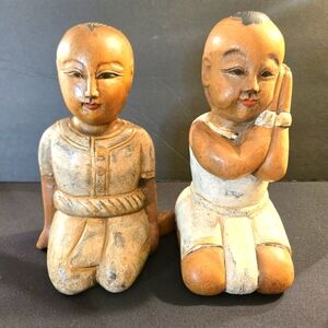 Vintage Boy+Girl Handcrafted Wooden Sitting Kneeling Figurines Decor